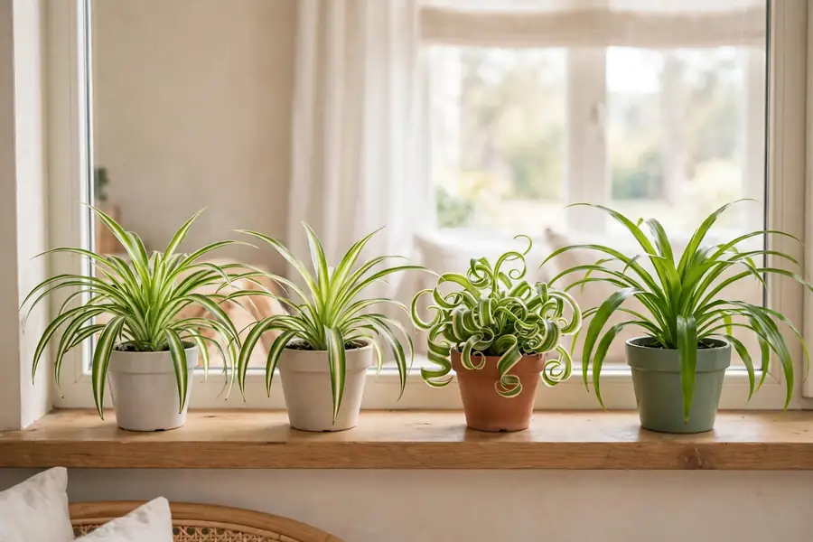 Four spider plant varieties in pots on a windowsill: variegated, reverse variegated, curly and solid green