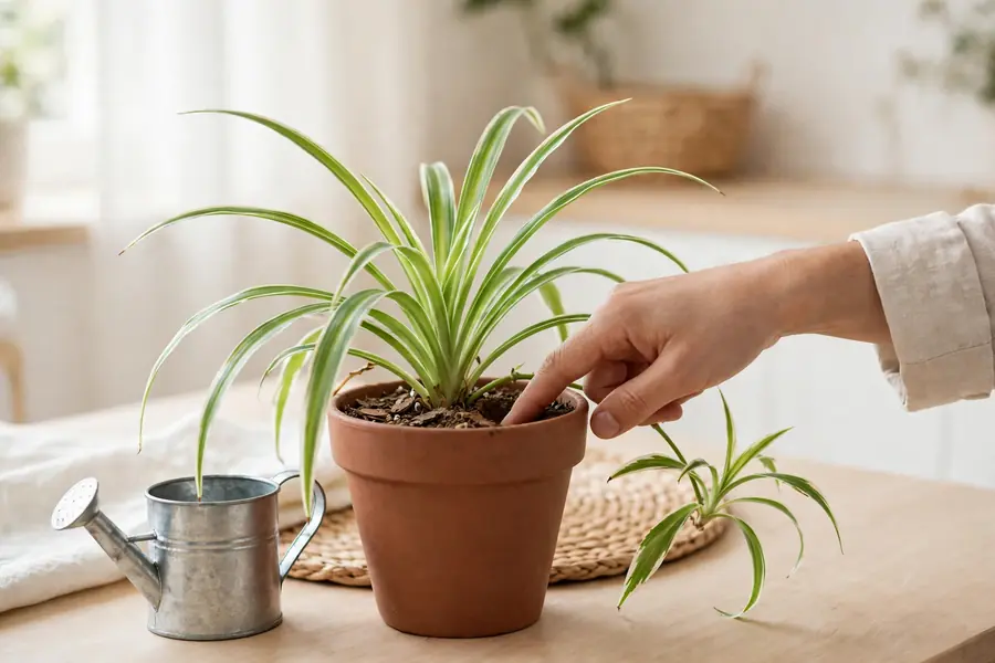 Finger testing the top inch of soil of a spider plant before watering