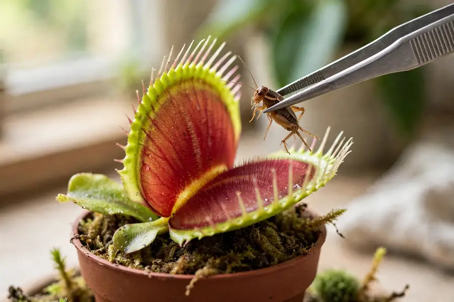 Tweezers placing a small insect into an open Venus flytrap trap