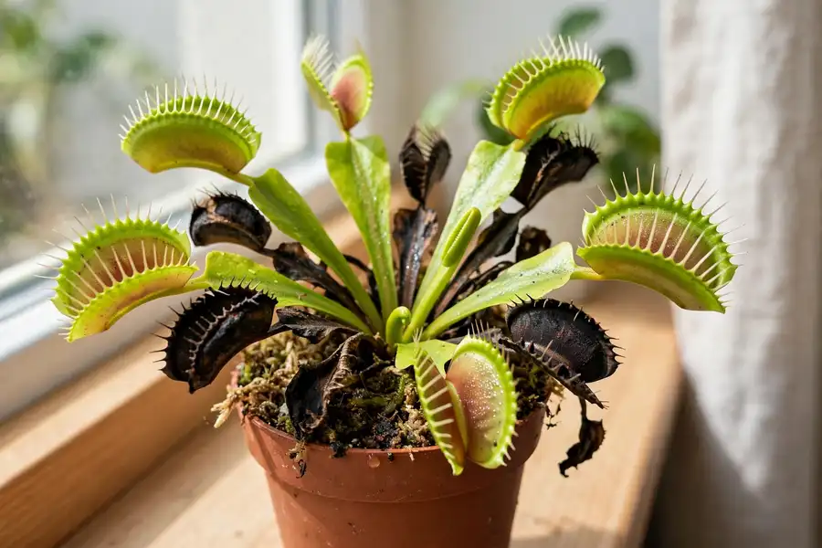 Venus flytrap with blackened old traps among healthy green traps