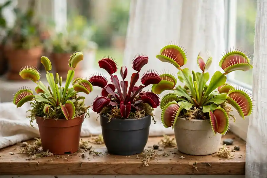 Three Venus flytrap cultivars side by side, green-red, deep red and large-trapped