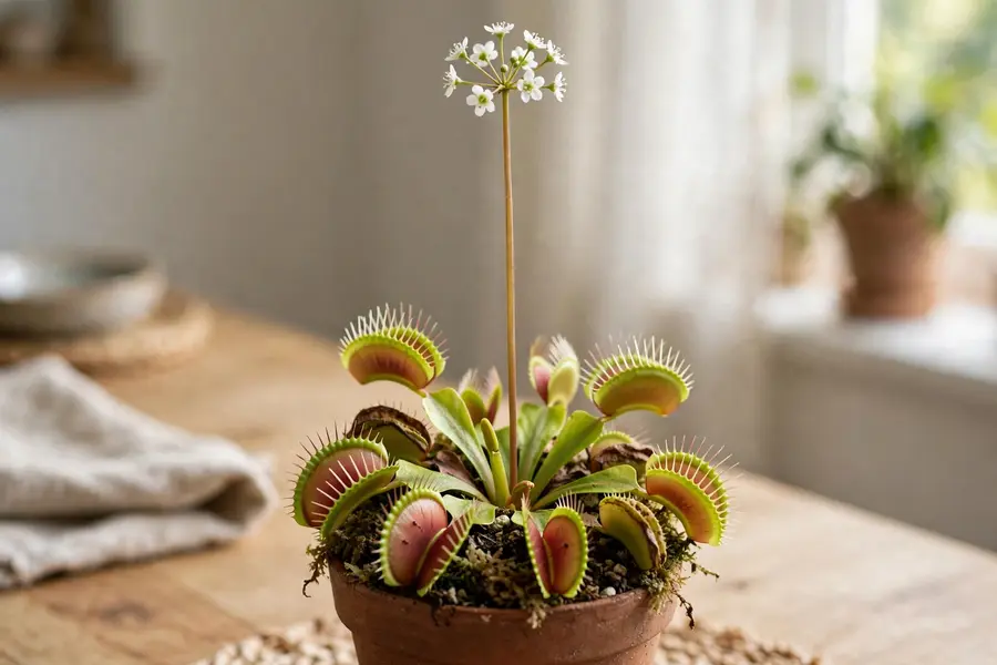 Tall Venus flytrap flower stalk with small white flowers above the traps