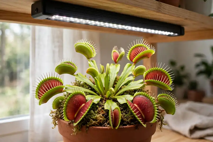 Potted Venus flytrap under an LED grow light with red trap interiors