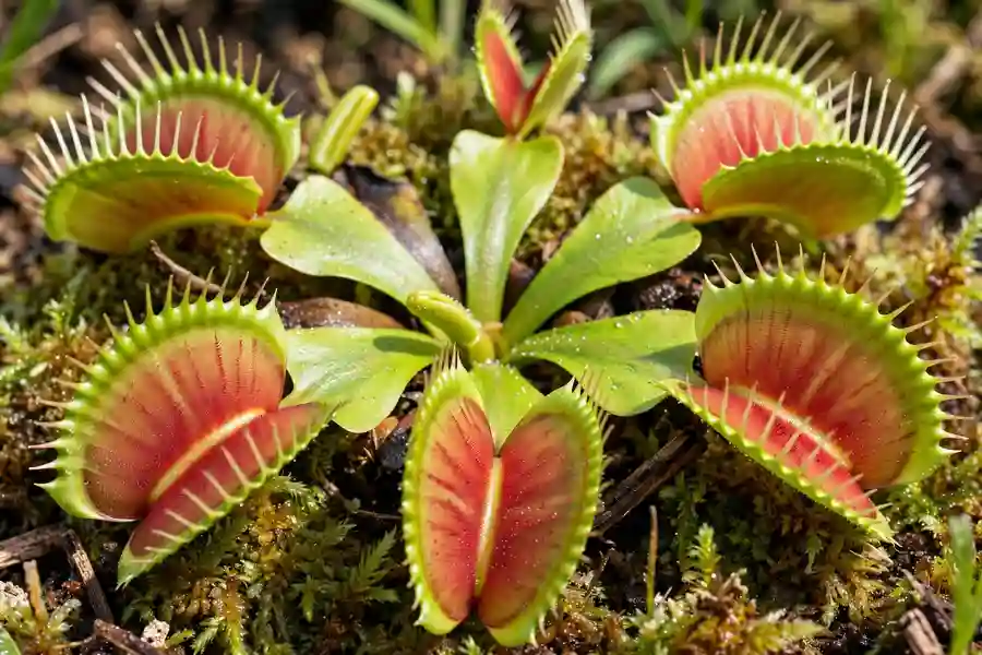 Open Venus flytrap traps with red insides and toothed green edges