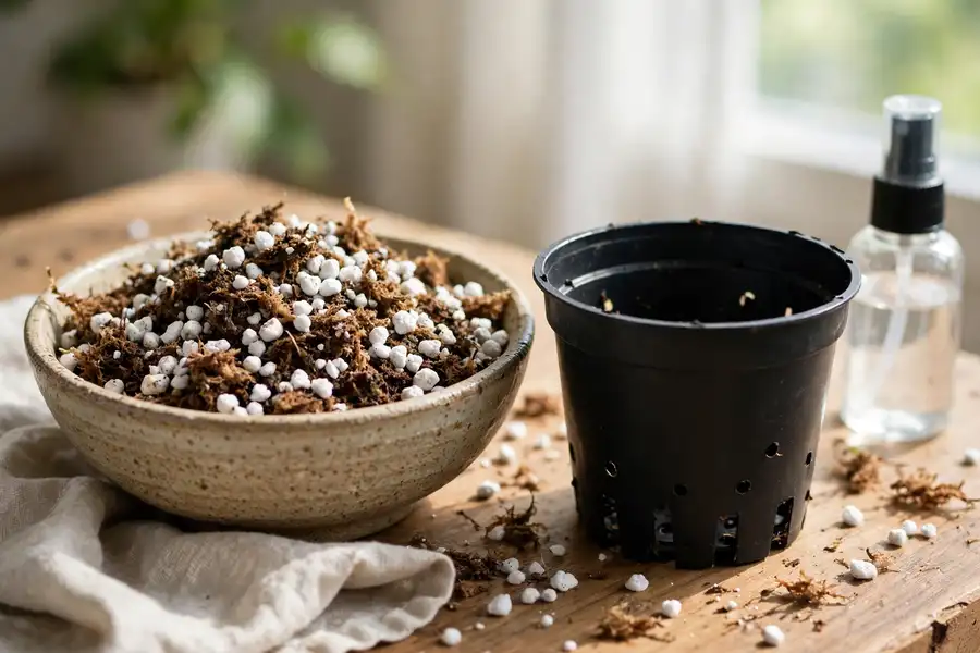 Bowl of peat moss and perlite mix beside a plastic pot with drainage holes