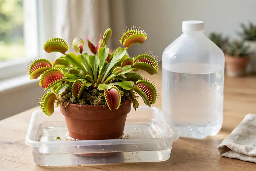 Venus flytrap pot standing in a shallow water tray beside a jug of distilled water