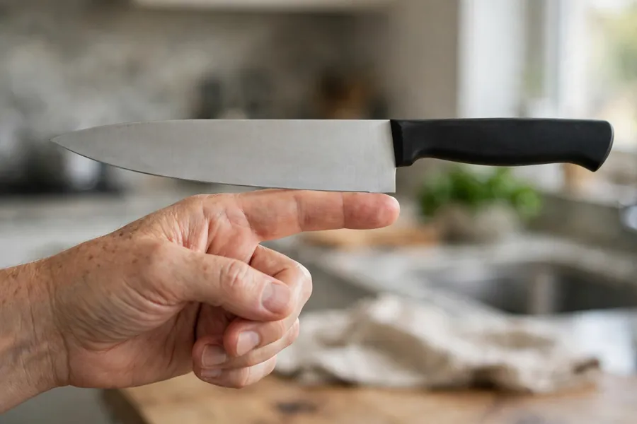 Chef knife balanced flat across one finger to check its balance