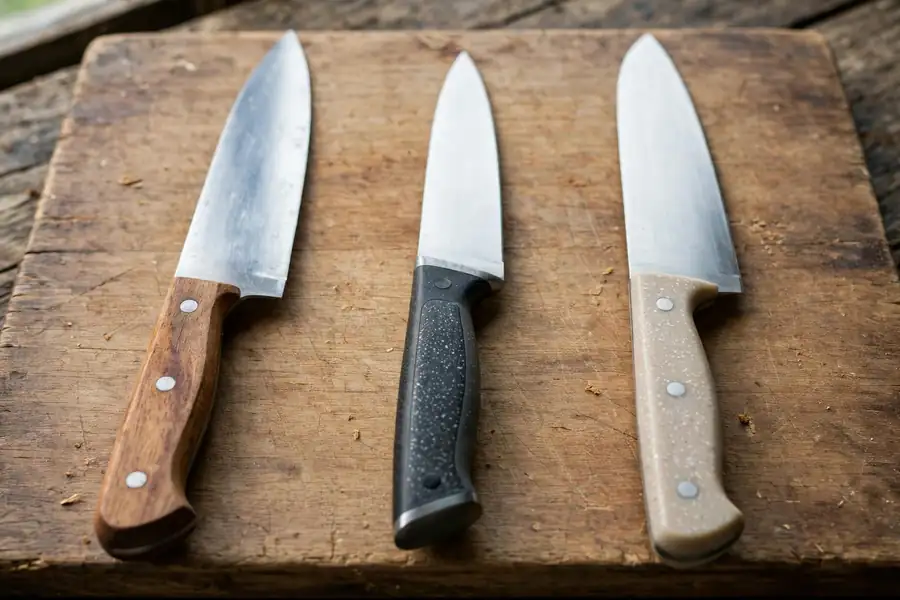 Three kitchen knives with wood, dark, and light handles laid in a row on a board