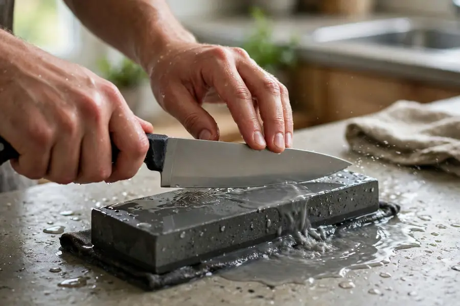 Hands holding a kitchen knife at a steady angle on a wet whetstone