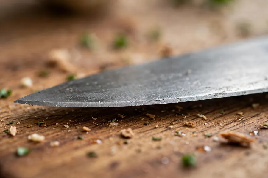 Macro view of a sharp kitchen knife edge resting on a wooden cutting board
