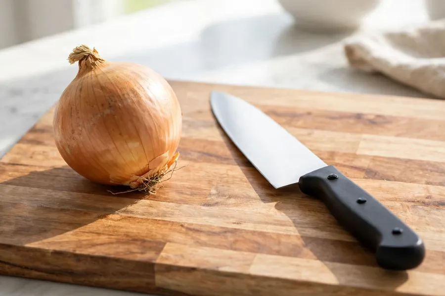 Single chef knife and a whole onion on a wooden cutting board