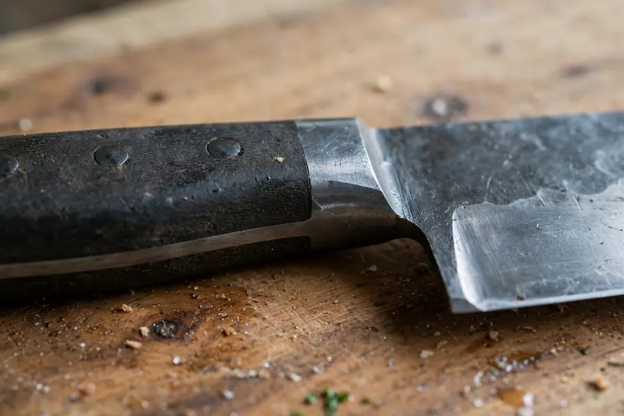 Close-up of a forged chef knife bolster, rivets, and full tang handle on a wooden board