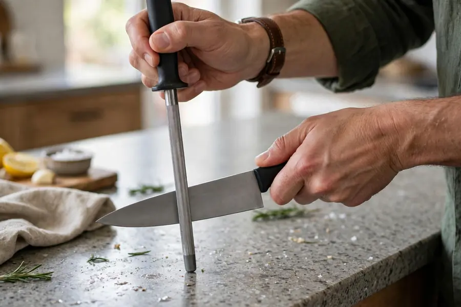 Hands honing a kitchen knife on a vertical honing steel over a counter
