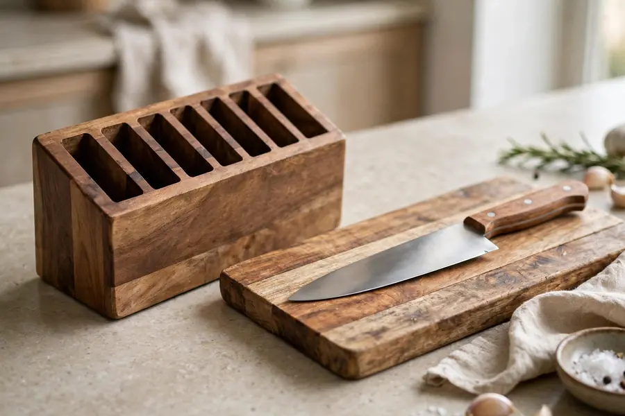 Wooden knife block with empty slots beside a single chef knife on a cutting board