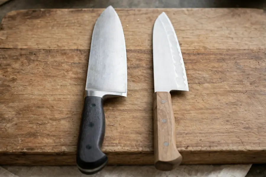 Heavier Western chef knife and lighter Japanese santoku side by side on a wooden board