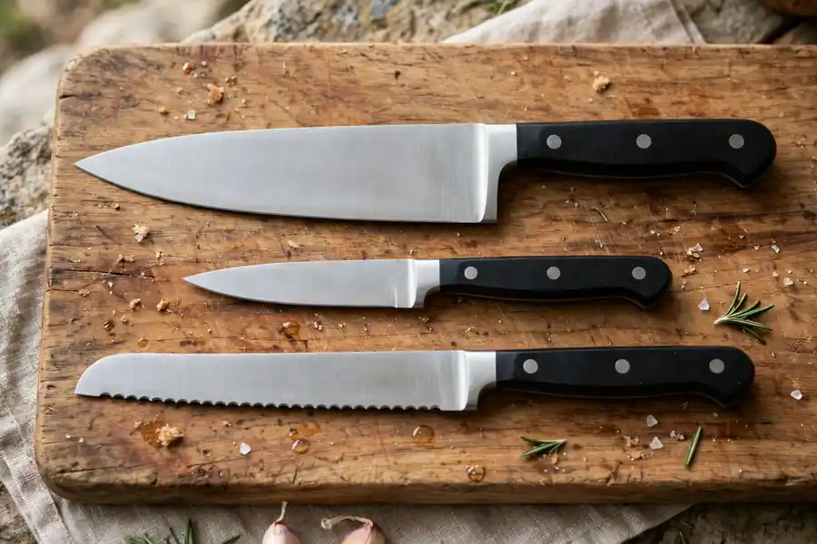 Chef knife, paring knife, and serrated bread knife laid on a wooden cutting board