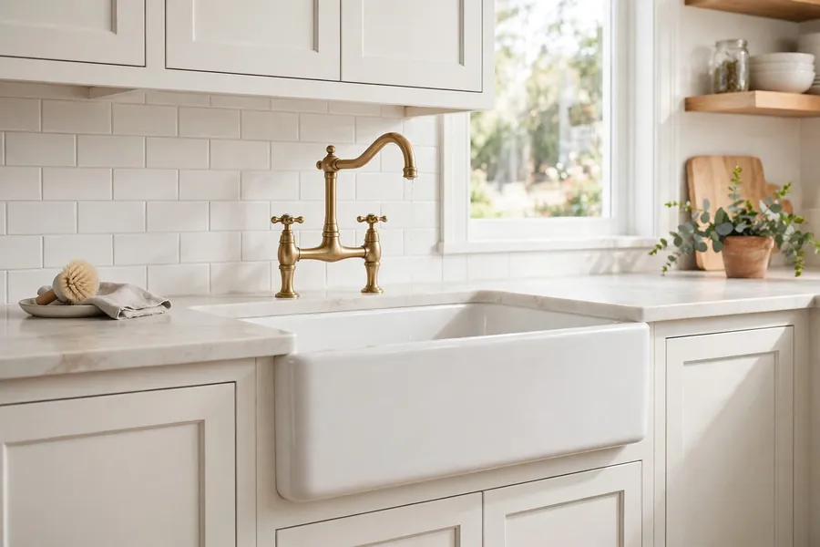 White apron-front farmhouse sink with a bridge faucet