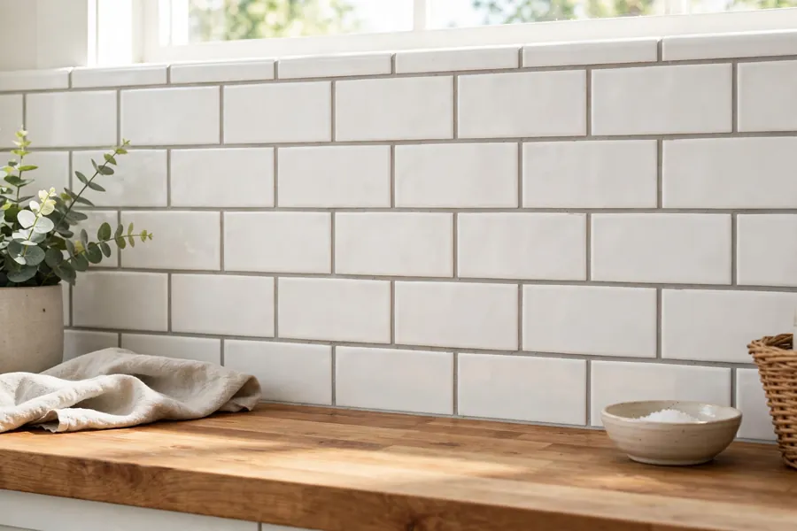 White subway tile backsplash with soft gray grout in a farmhouse kitchen