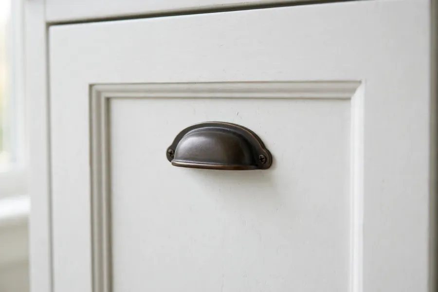 White shaker cabinet door with a dark bronze cup pull