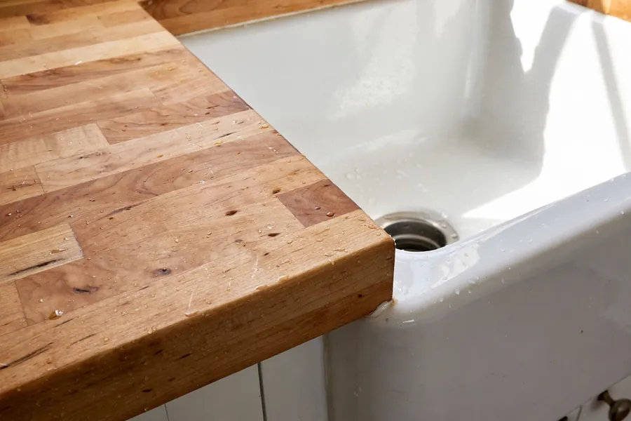 Butcher block wood countertop beside a white apron-front farmhouse sink