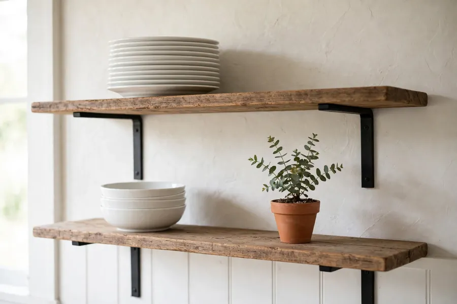 Open farmhouse shelves with stacked white dishes and a small potted plant