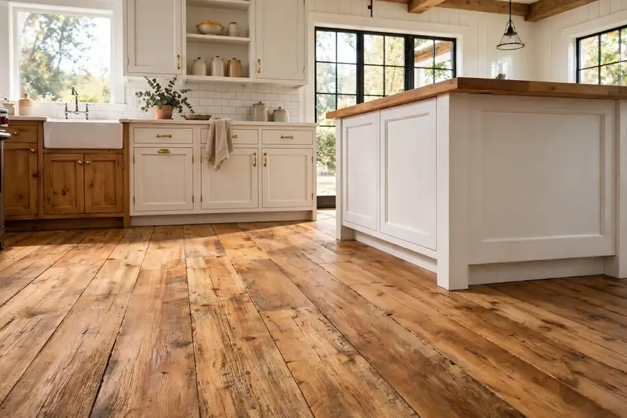 Wide plank honey-toned wood floor in a farmhouse kitchen