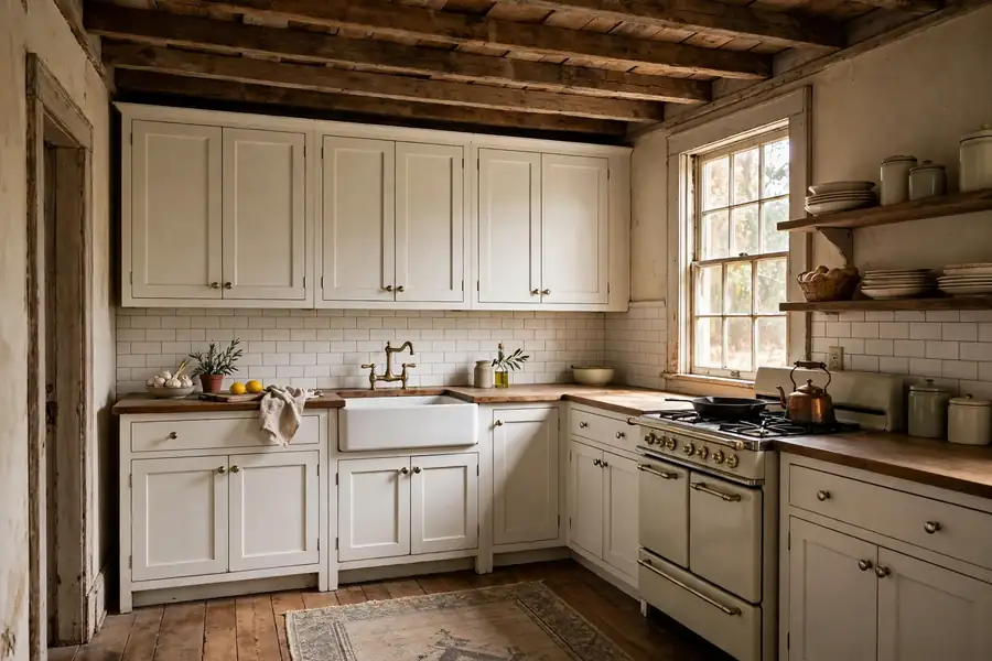 Farmhouse kitchen with exposed wood ceiling beams in an older home