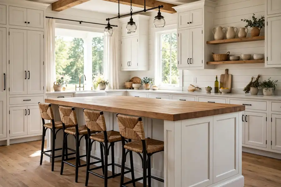 Large farmhouse kitchen island with a wood top and stools tucked under