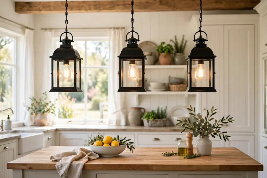Black metal lantern pendant lights hanging over a farmhouse kitchen island