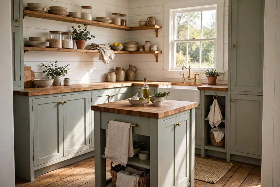 Small farmhouse kitchen with painted cabinets, open shelves, and a compact island