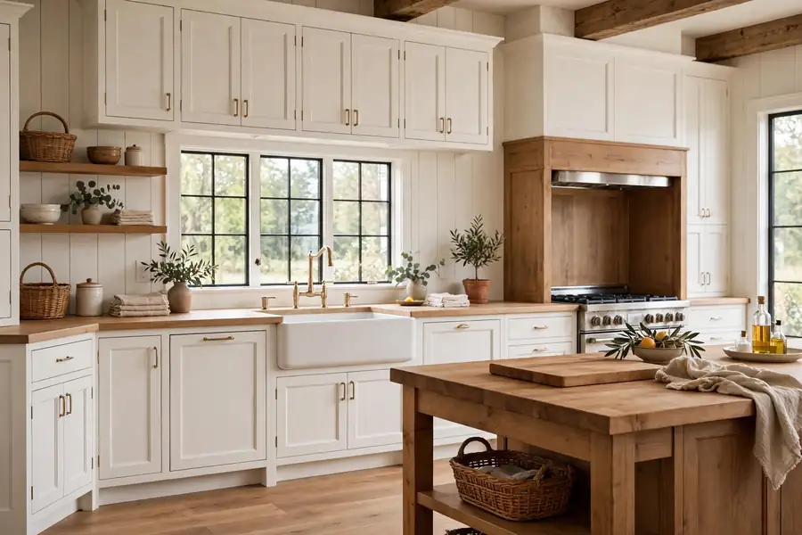Farmhouse kitchen with white shaker cabinets and an apron-front sink
