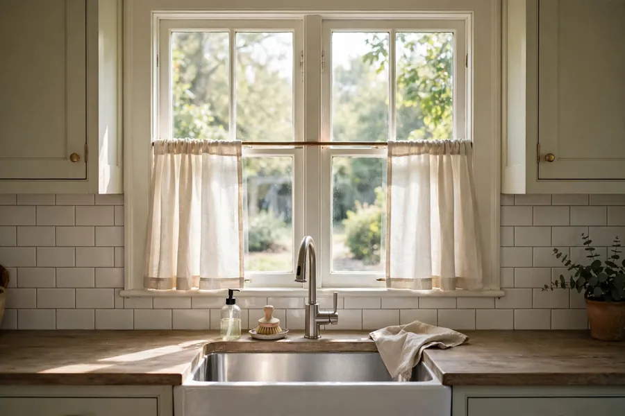 Farmhouse kitchen window with cafe curtains above the sink