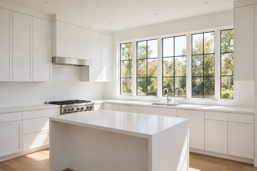 Spotless bright kitchen with completely clear counters in sunlight