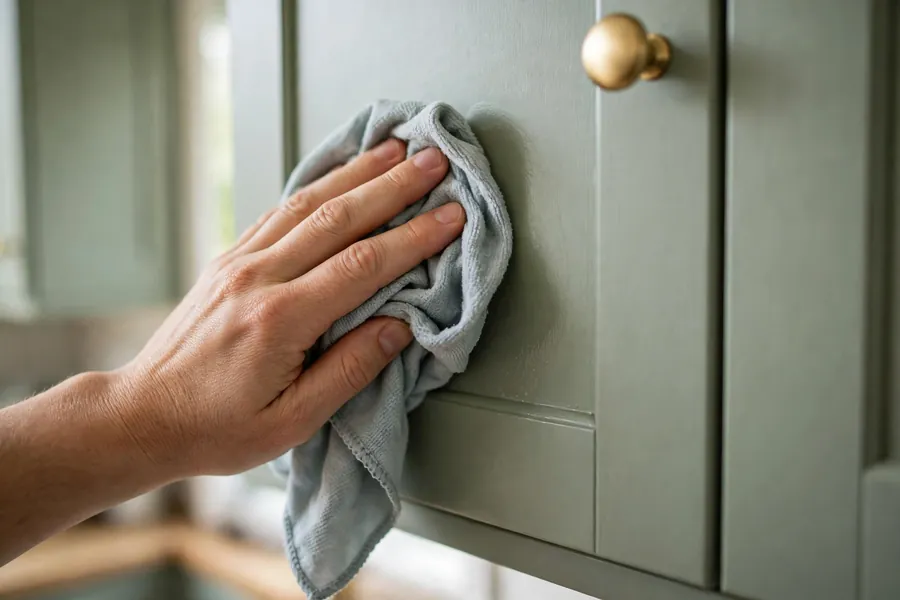 Hand wiping a painted sage-green kitchen cabinet door with a damp cloth