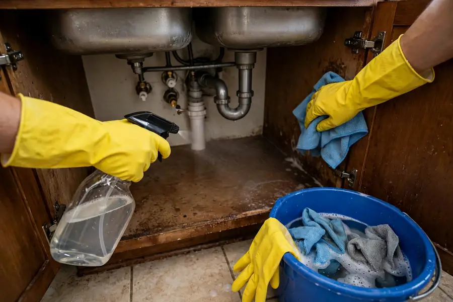 Gloved hands cleaning inside the open cabinet under a kitchen sink