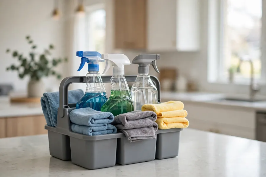 Cleaning caddy with spray bottles and folded microfiber cloths on a clear kitchen counter