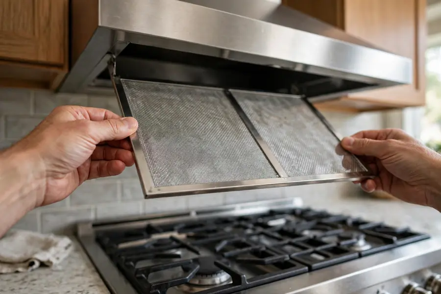 Hands removing a metal mesh grease filter from a stainless steel range hood