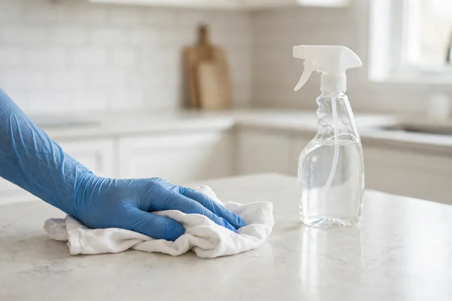 Gloved hand wiping a light kitchen countertop with a white cloth