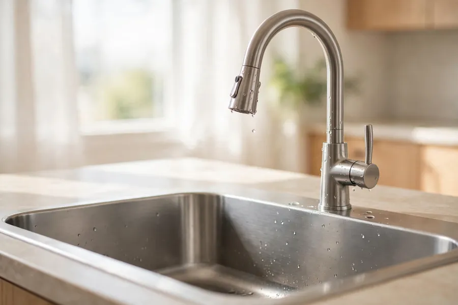 Clean stainless steel kitchen sink and modern faucet with water droplets
