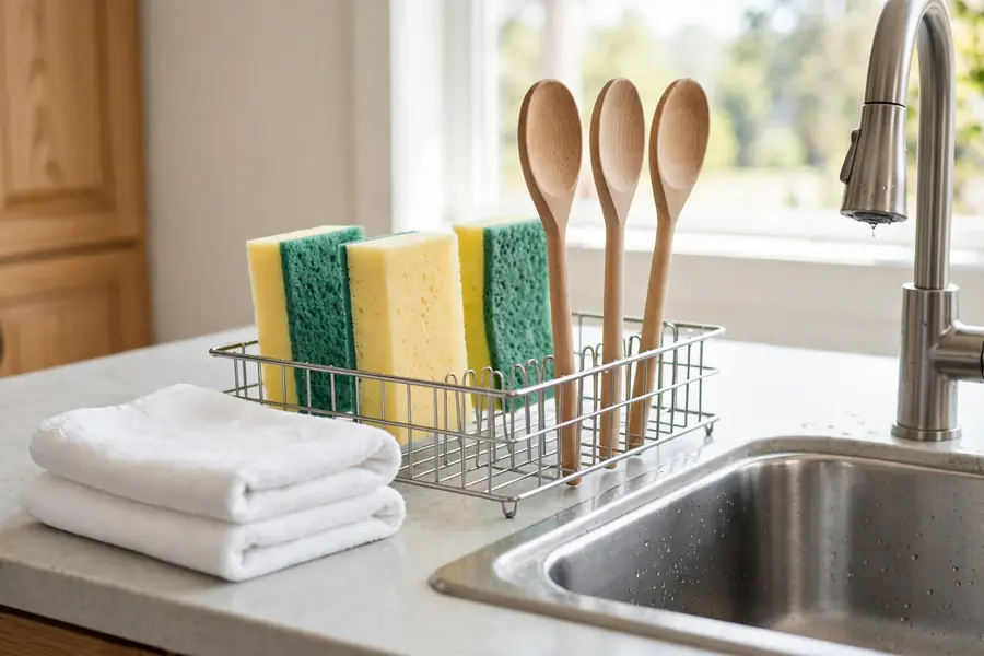 Clean sponges, folded white towels, and wooden spoons drying on a rack beside a sink