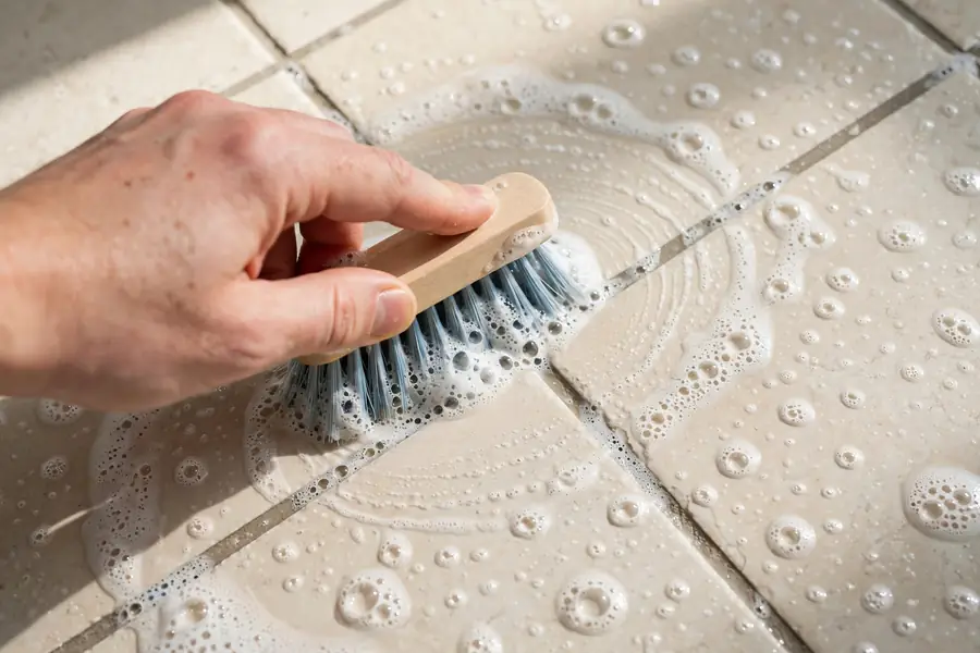 Hand scrubbing light kitchen floor tile grout lines with a stiff brush
