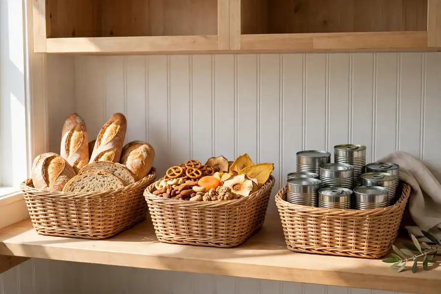 Pantry shelf with separate baskets for bread, snacks, and canned goods