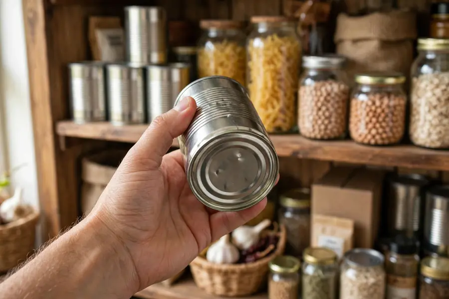 Hand holding an unmarked can showing its bottom in front of a pantry shelf