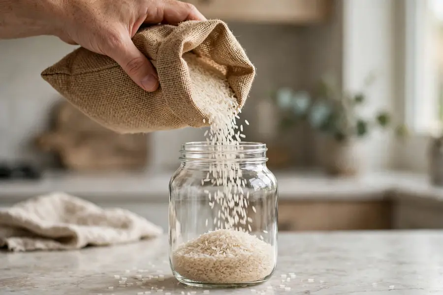 Hand pouring rice from a bag into a clear glass pantry jar