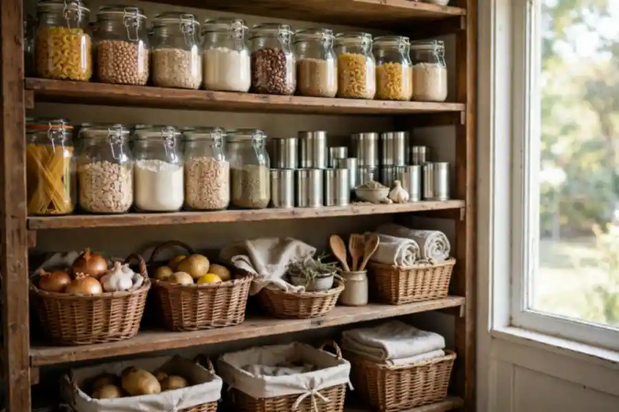 Well-used tidy pantry with full shelves of jars, cans, and baskets
