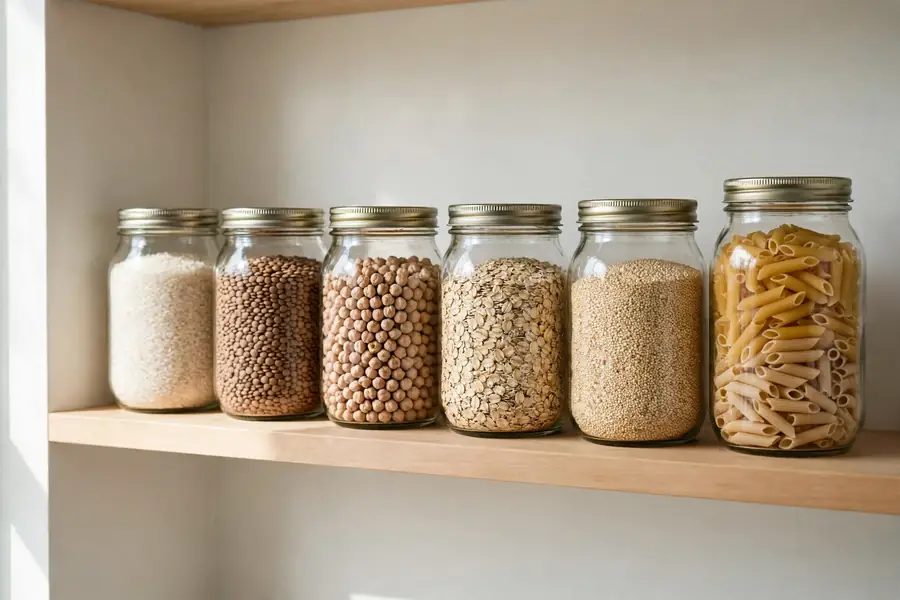 Sealed glass jars of dry goods on a clean pantry shelf