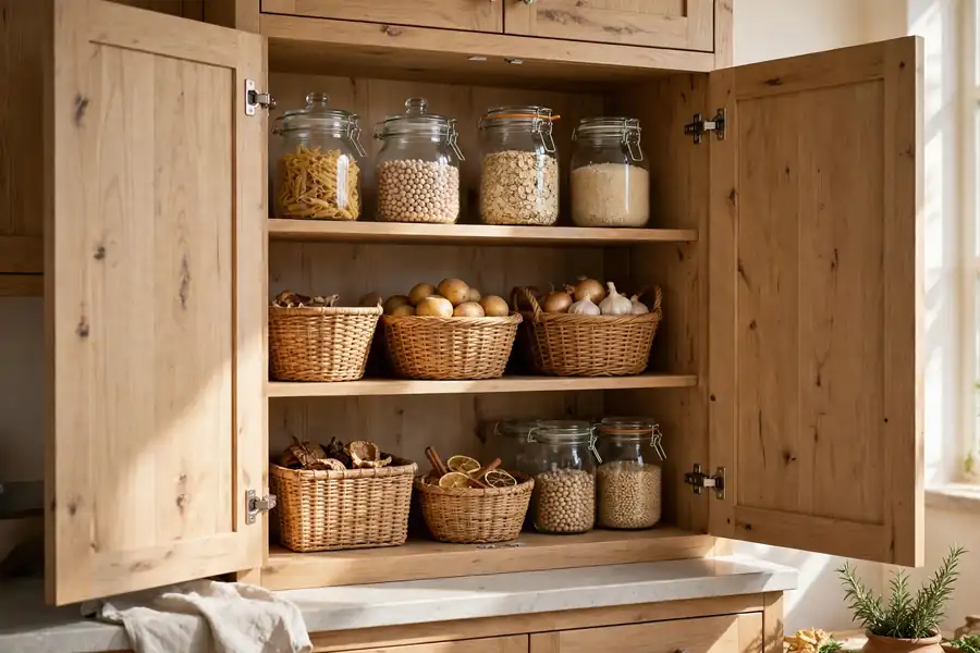 Open kitchen cabinet fitted with jars and baskets as a pantry