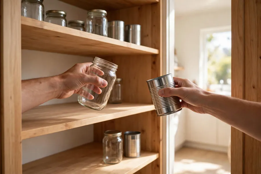 Hands removing jars and a can from a wooden pantry shelf