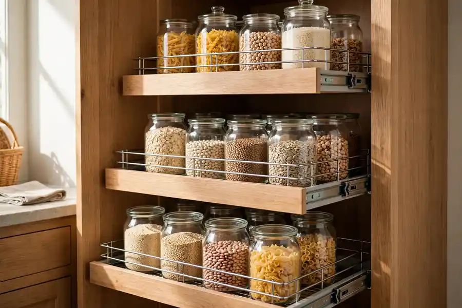 Deep pantry with pull-out shelves holding dry goods in jars