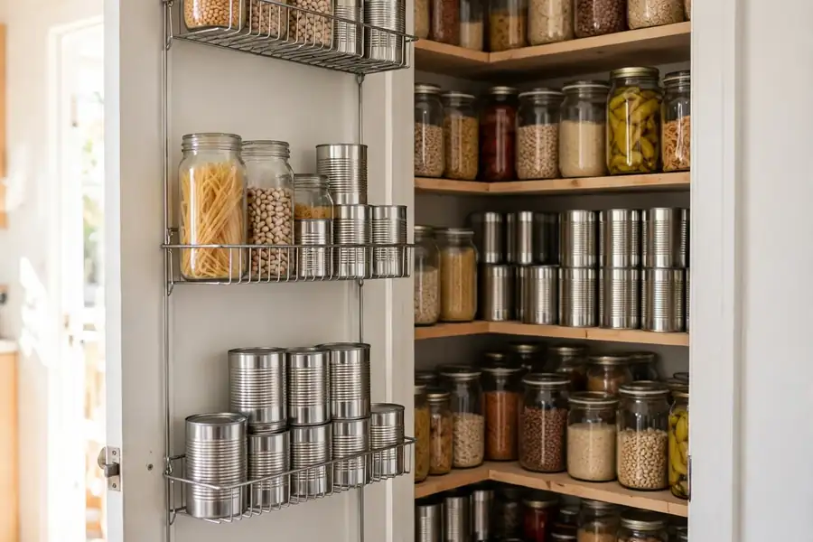 Narrow pantry closet with door racks and stacked shelves